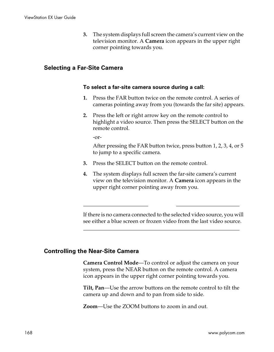 Selecting a far-site camera, Controlling the near-site camera | Polycom Webcam User Manual | Page 170 / 356