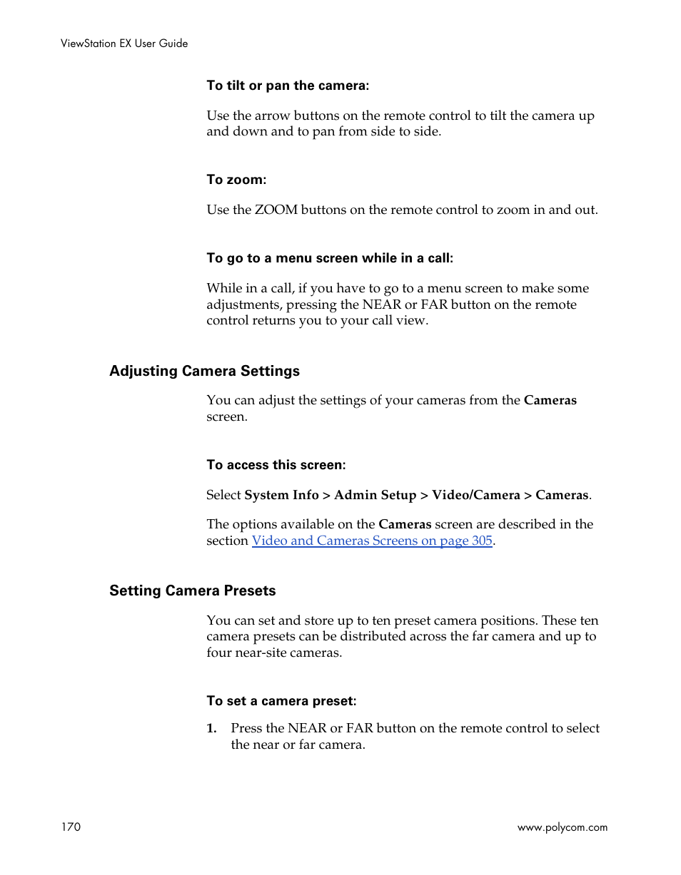 Adjusting camera settings, Setting camera presets, Adjusting camera settings setting camera presets | Polycom Webcam User Manual | Page 172 / 356
