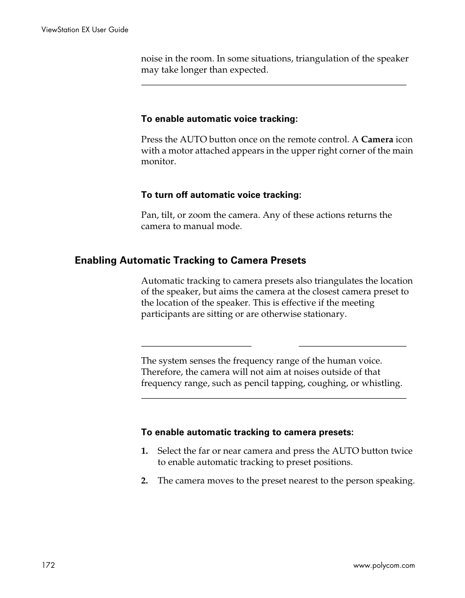 Enabling automatic tracking to camera presets | Polycom Webcam User Manual | Page 174 / 356
