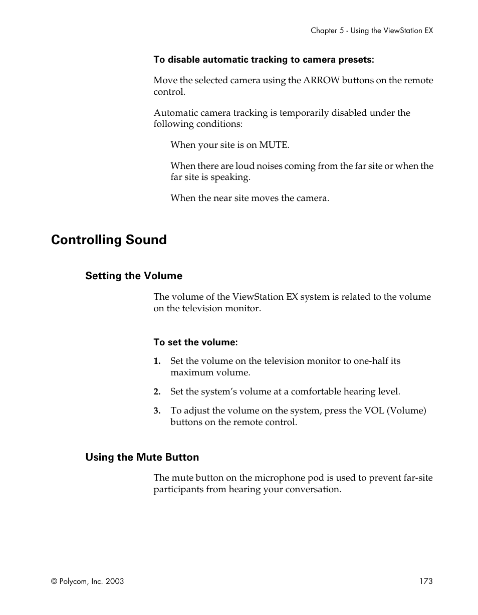 Controlling sound, Setting the volume, Using the mute button | Setting the volume using the mute button | Polycom Webcam User Manual | Page 175 / 356