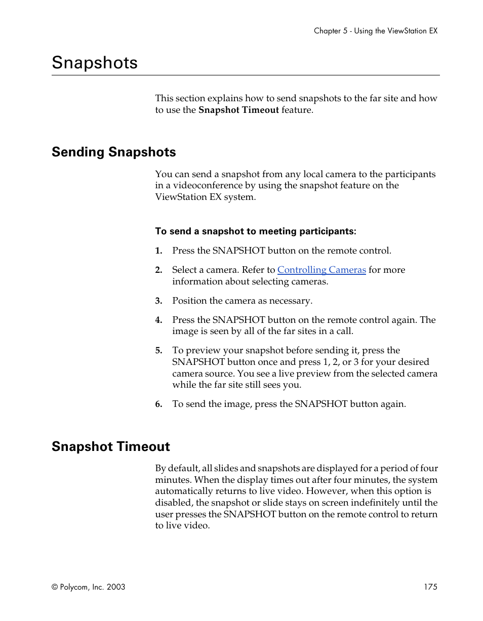Snapshots, Sending snapshots, Snapshot timeout | Sending snapshots snapshot timeout | Polycom Webcam User Manual | Page 177 / 356