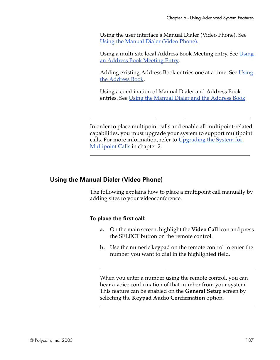 Using the manual dialer (video phone) | Polycom Webcam User Manual | Page 189 / 356