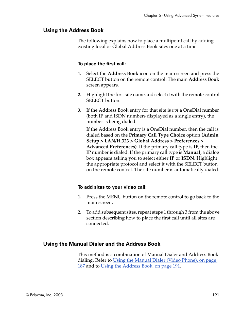 Using the address book, Using the manual dialer and the address book, Using | The address book | Polycom Webcam User Manual | Page 193 / 356