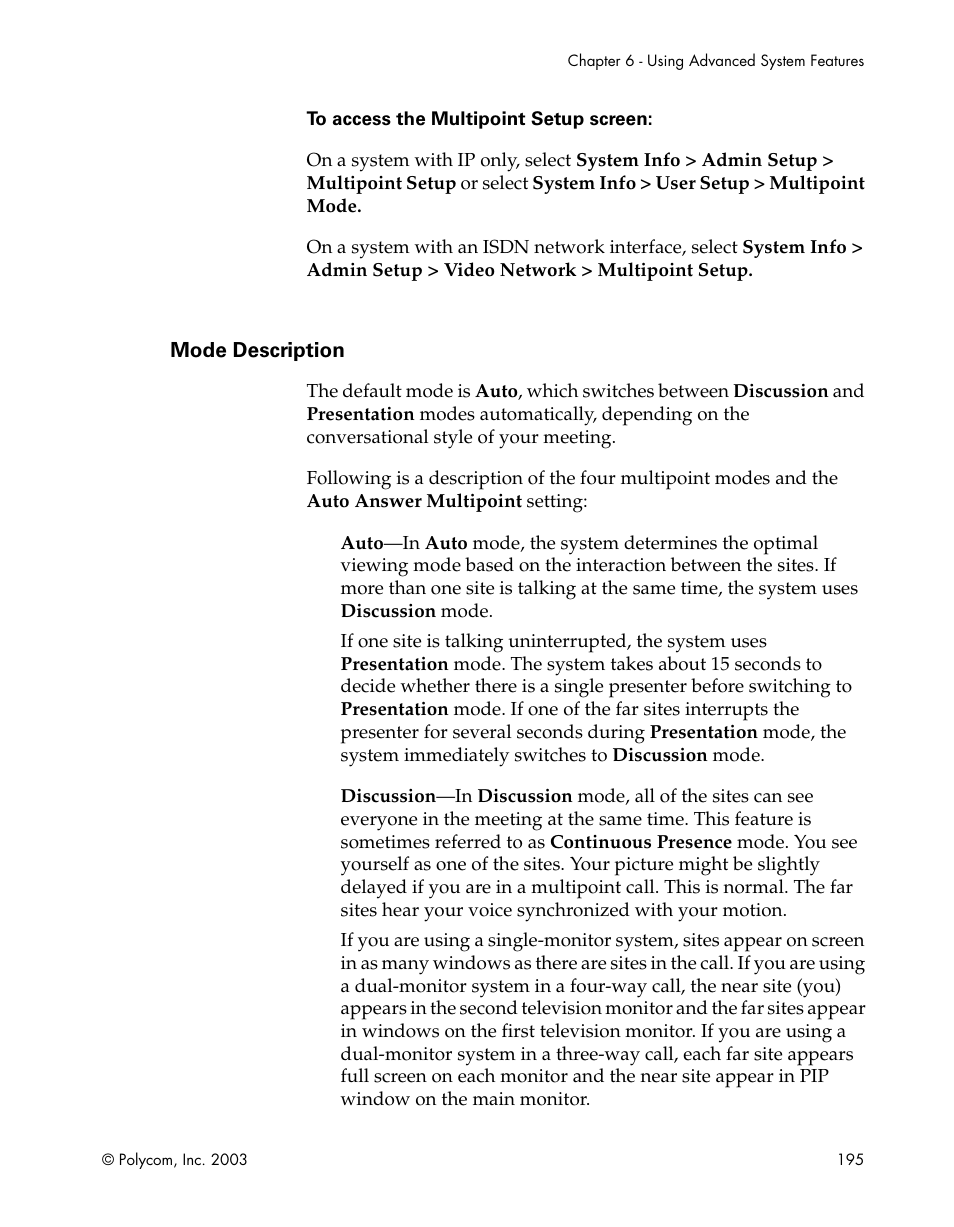 Mode description | Polycom Webcam User Manual | Page 197 / 356