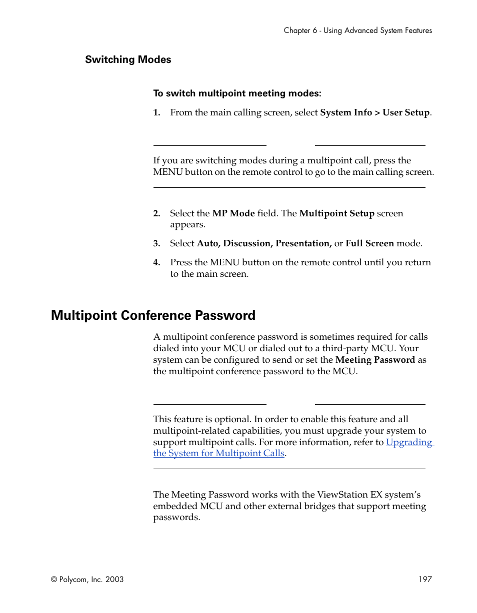 Switching modes, Multipoint conference password | Polycom Webcam User Manual | Page 199 / 356