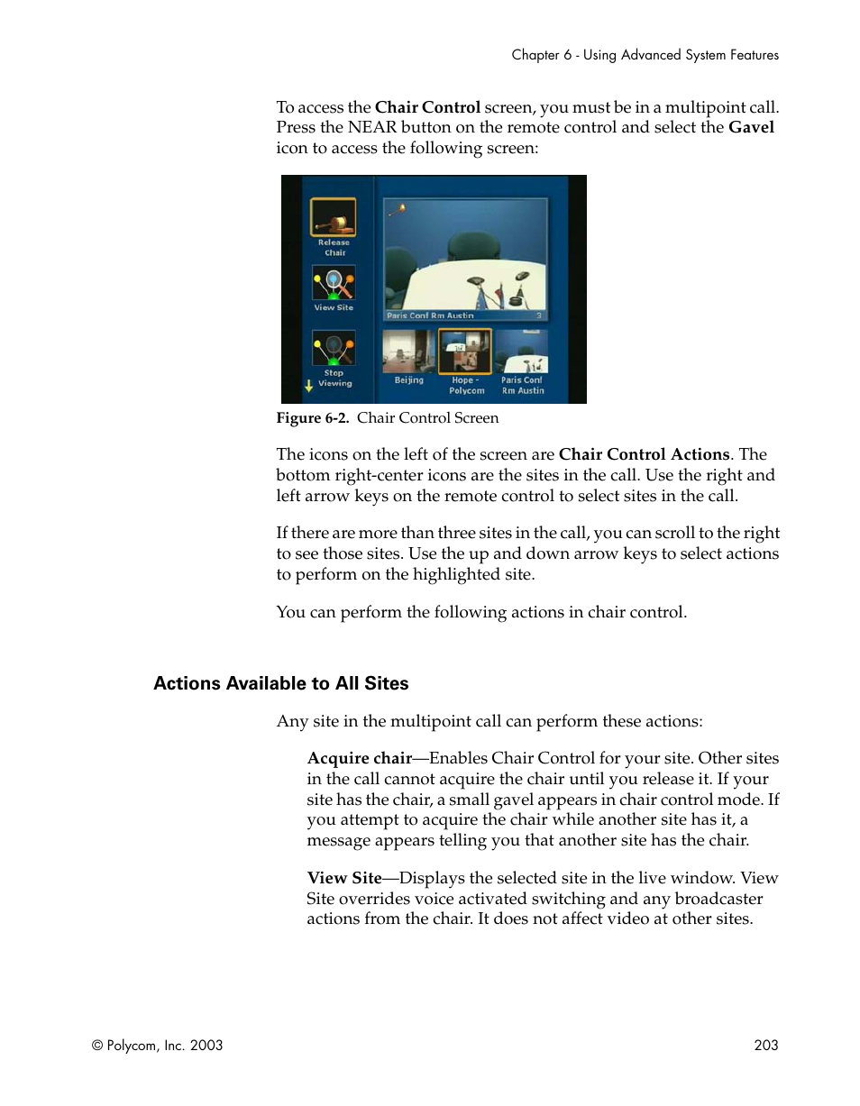 Actions available to all sites, Figure 6-2.chair control screen | Polycom Webcam User Manual | Page 205 / 356