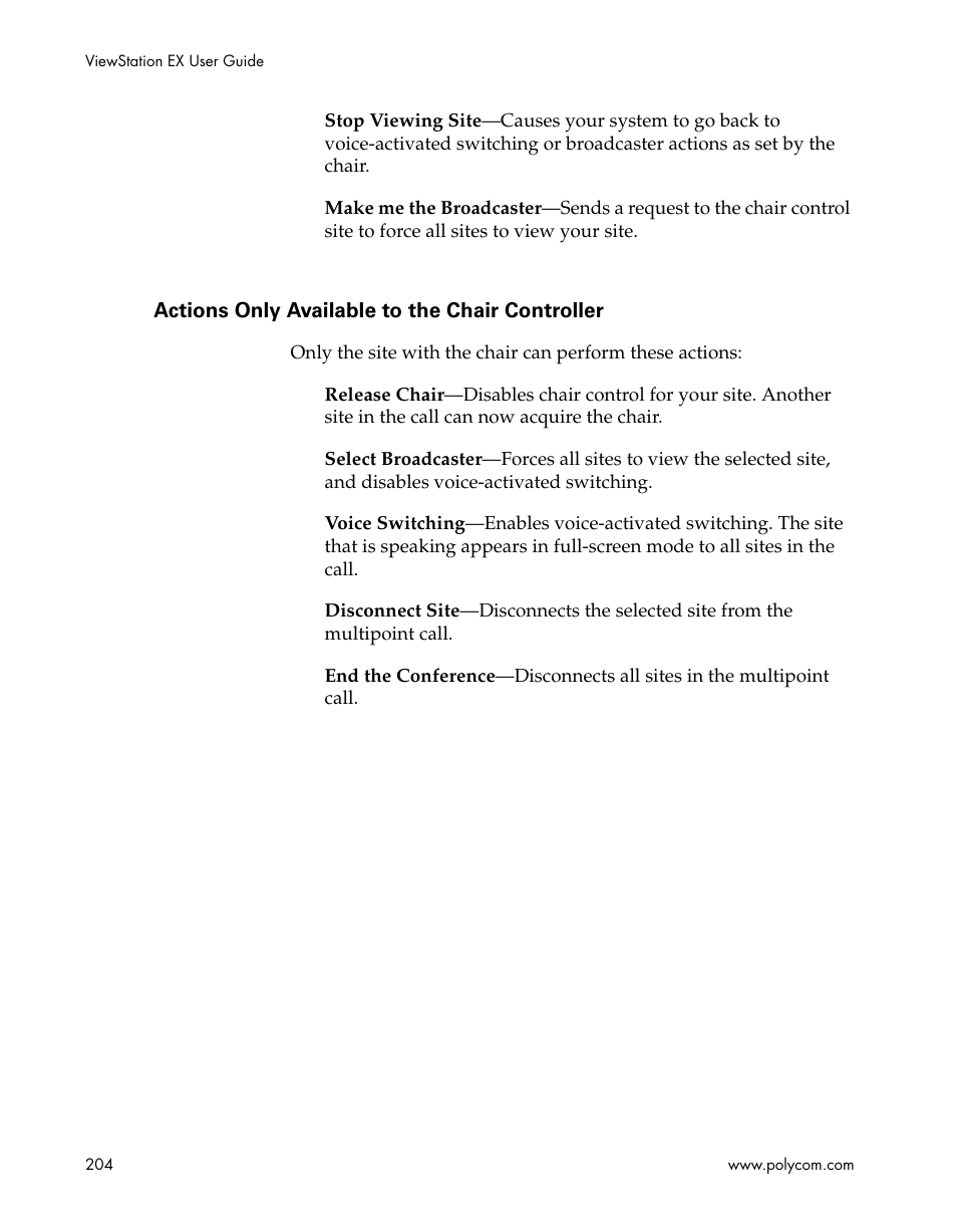 Actions only available to the chair controller | Polycom Webcam User Manual | Page 206 / 356