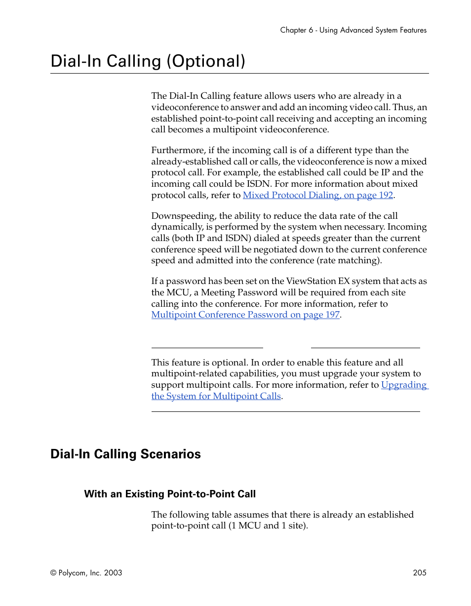 Dial-in calling (optional), Dial-in calling scenarios, With an existing point-to-point call | Dial-in calling, For mixed pr | Polycom Webcam User Manual | Page 207 / 356