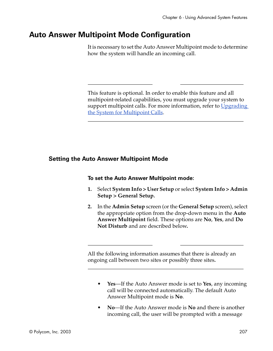 Auto answer multipoint mode configuration, Setting the auto answer multipoint mode | Polycom Webcam User Manual | Page 209 / 356