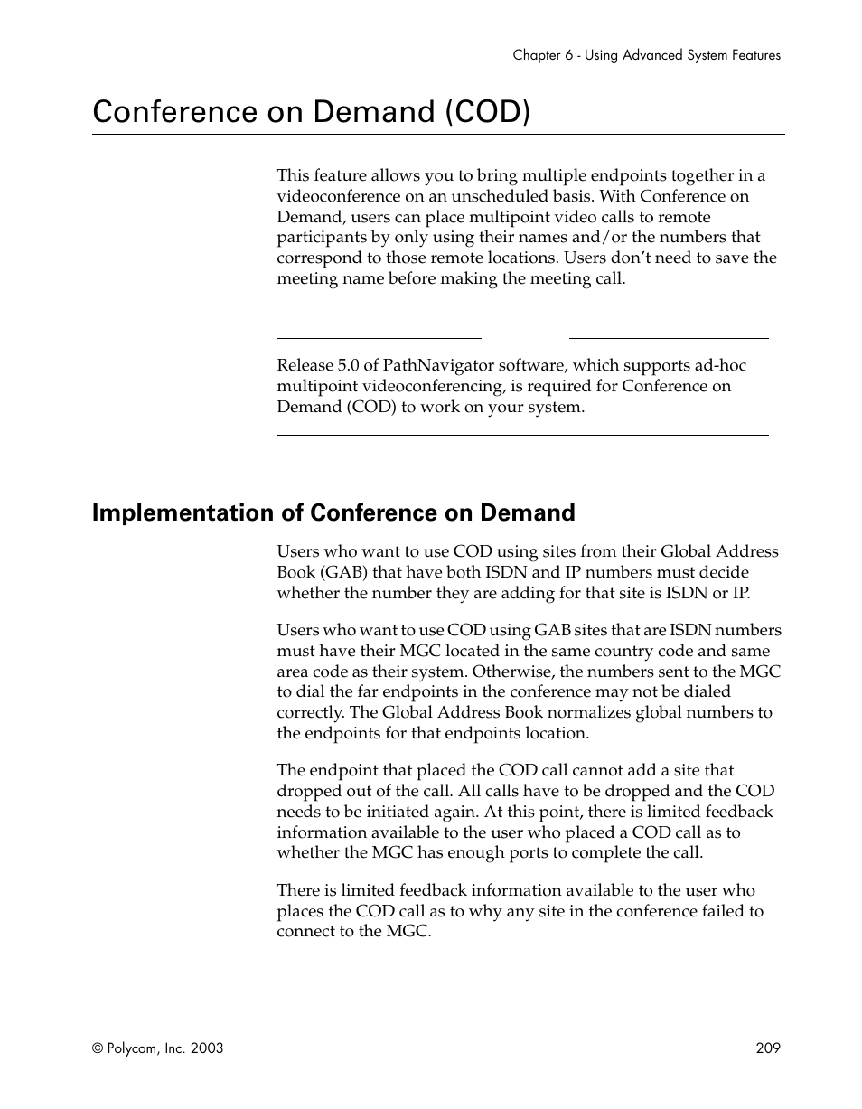 Conference on demand (cod), Implementation of conference on demand | Polycom Webcam User Manual | Page 211 / 356