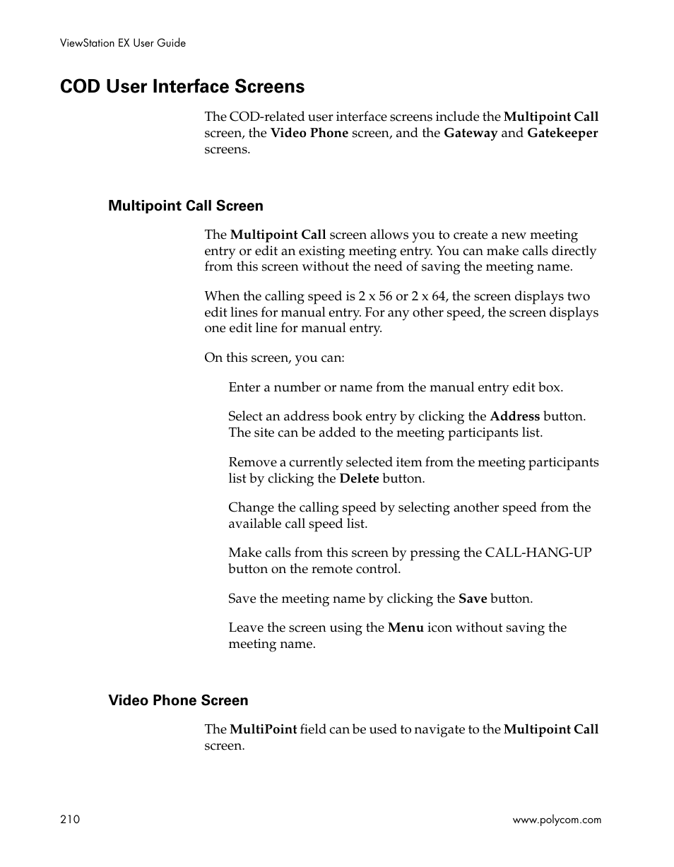 Cod user interface screens, Multipoint call screen, Video phone screen | Multipoint call screen video phone screen | Polycom Webcam User Manual | Page 212 / 356