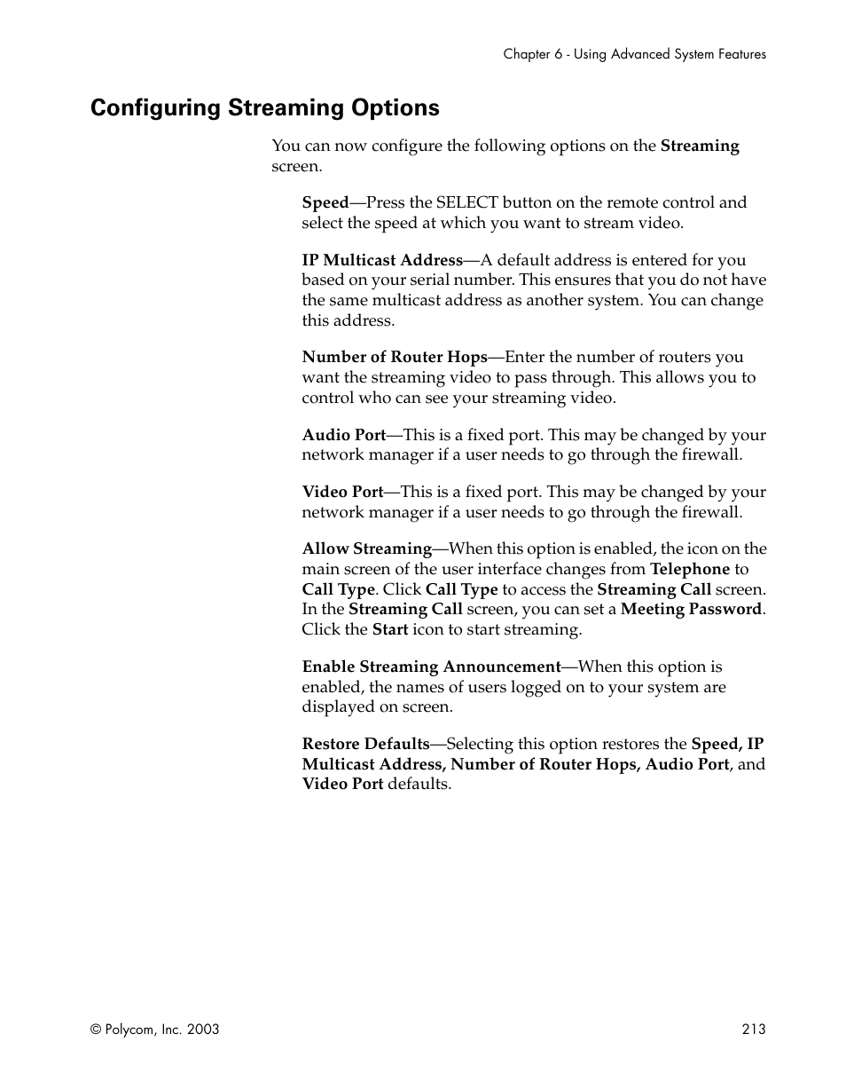 Configuring streaming options | Polycom Webcam User Manual | Page 215 / 356