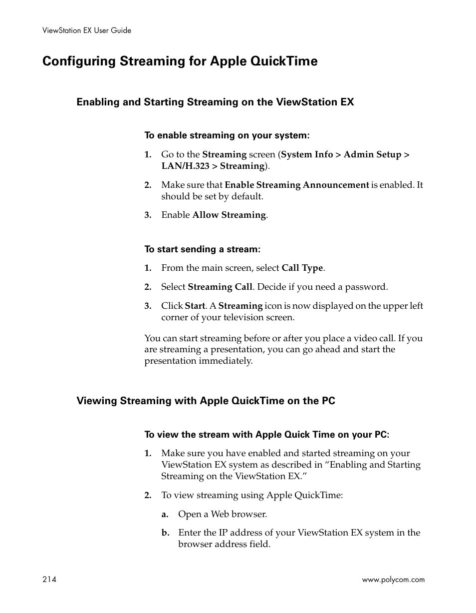 Configuring streaming for apple quicktime, Viewing streaming with apple quicktime on the pc | Polycom Webcam User Manual | Page 216 / 356