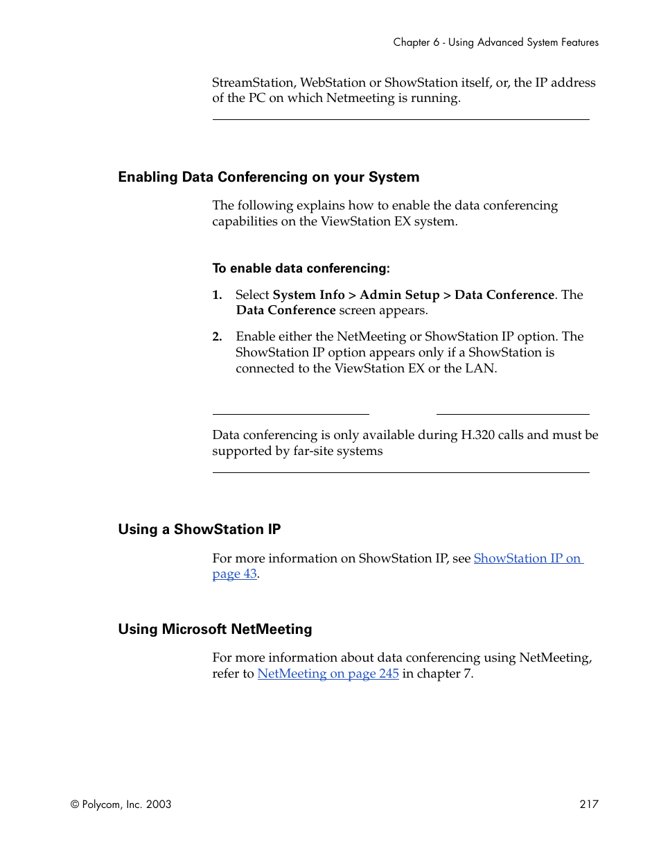 Enabling data conferencing on your system, Using a showstation ip, Using microsoft netmeeting | Polycom Webcam User Manual | Page 219 / 356