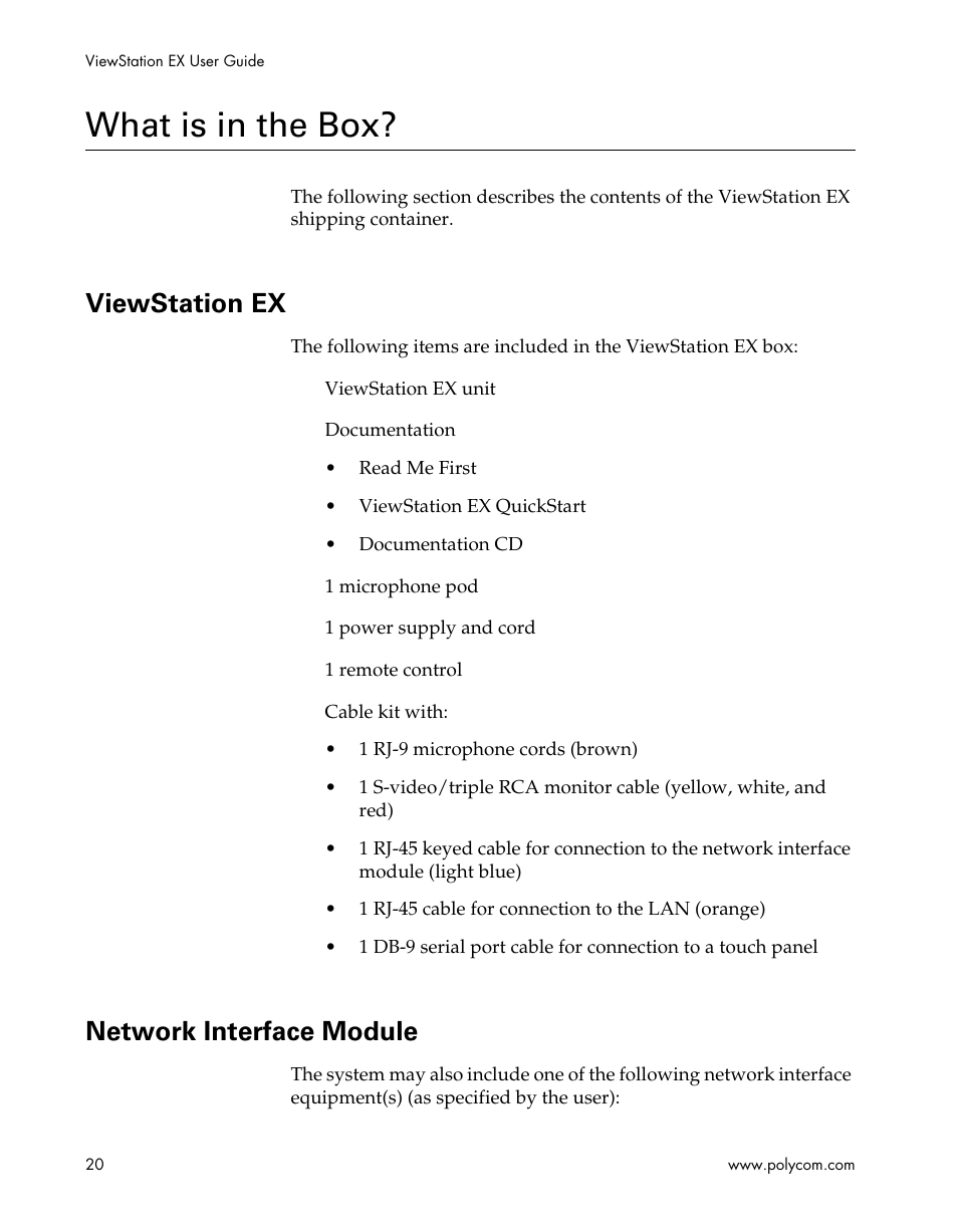 What is in the box, Viewstation ex, Network interface module | Viewstation ex network interface module | Polycom Webcam User Manual | Page 22 / 356