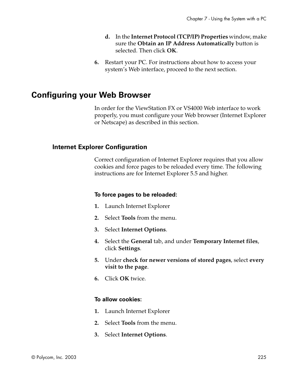 Configuring your web browser, Internet explorer configuration, Configuring your web | Browser | Polycom Webcam User Manual | Page 227 / 356