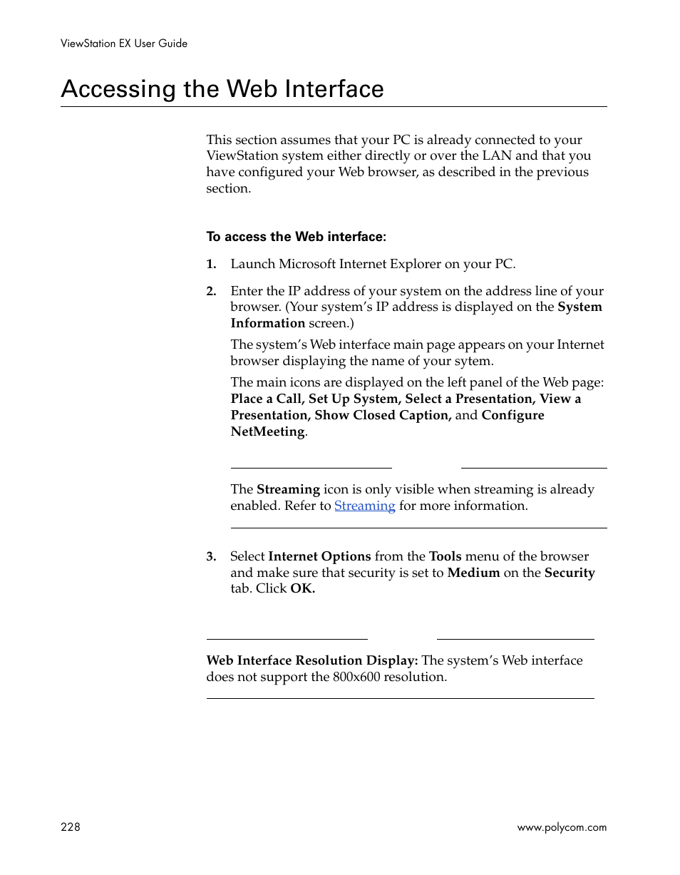 Accessing the web interface | Polycom Webcam User Manual | Page 230 / 356