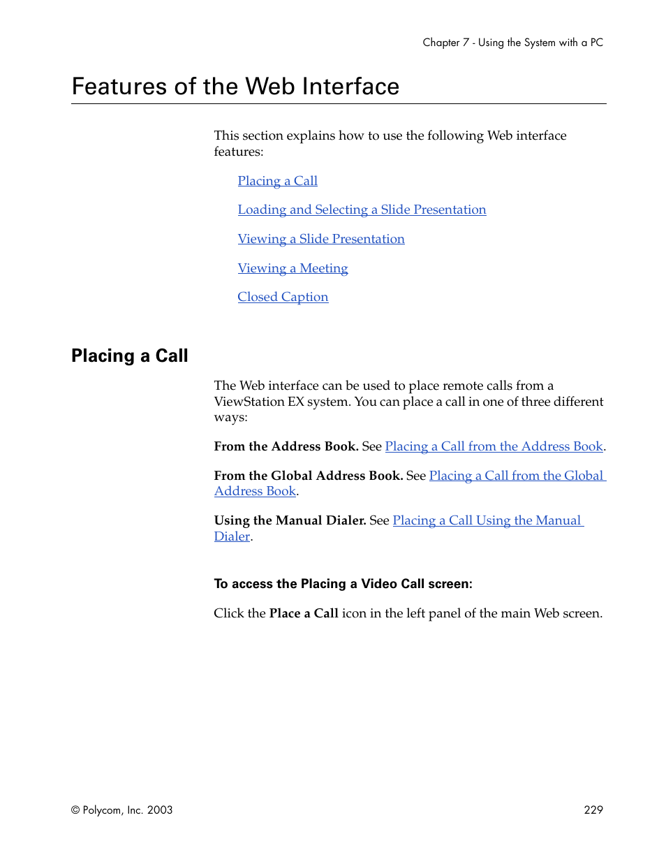 Features of the web interface, Placing a call | Polycom Webcam User Manual | Page 231 / 356