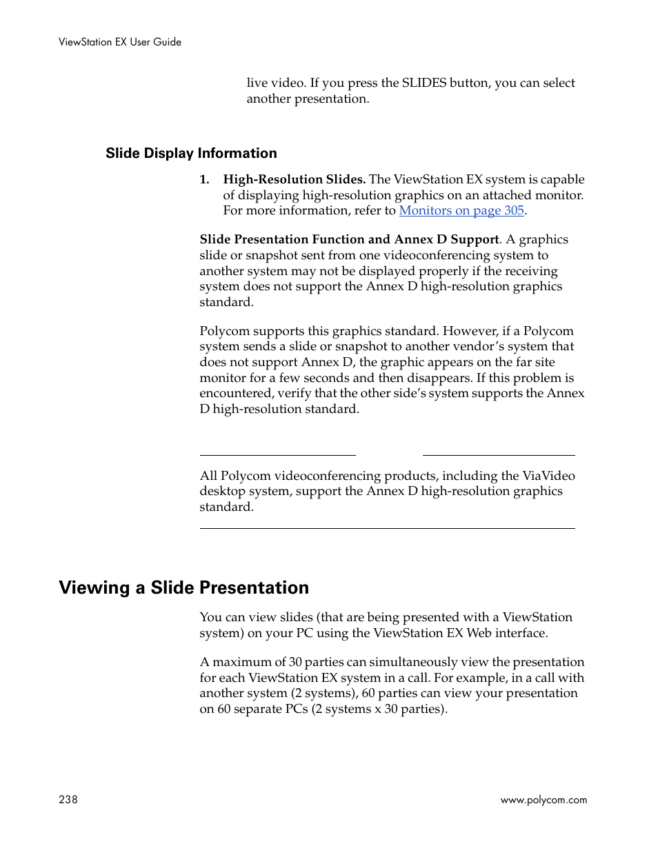 Slide display information, Viewing a slide presentation, Viewing a slide | Polycom Webcam User Manual | Page 240 / 356