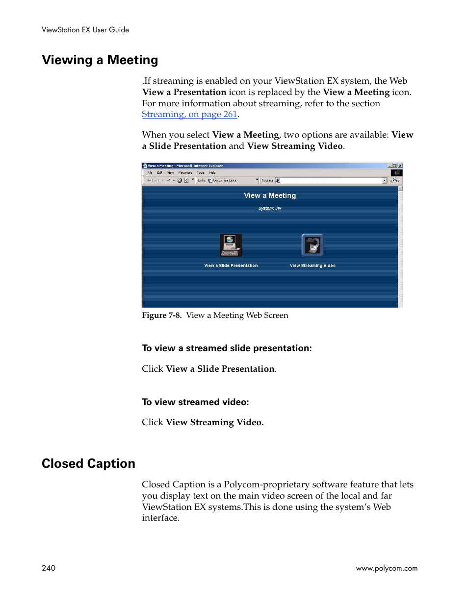 Viewing a meeting, Closed caption, Viewing a meeting closed caption | Figure 7-8.view a meeting web screen | Polycom Webcam User Manual | Page 242 / 356