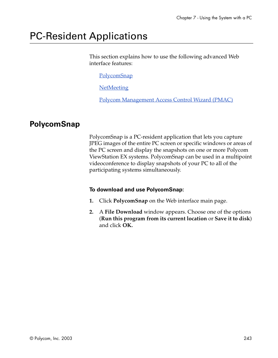 Pc-resident applications, Polycomsnap | Polycom Webcam User Manual | Page 245 / 356