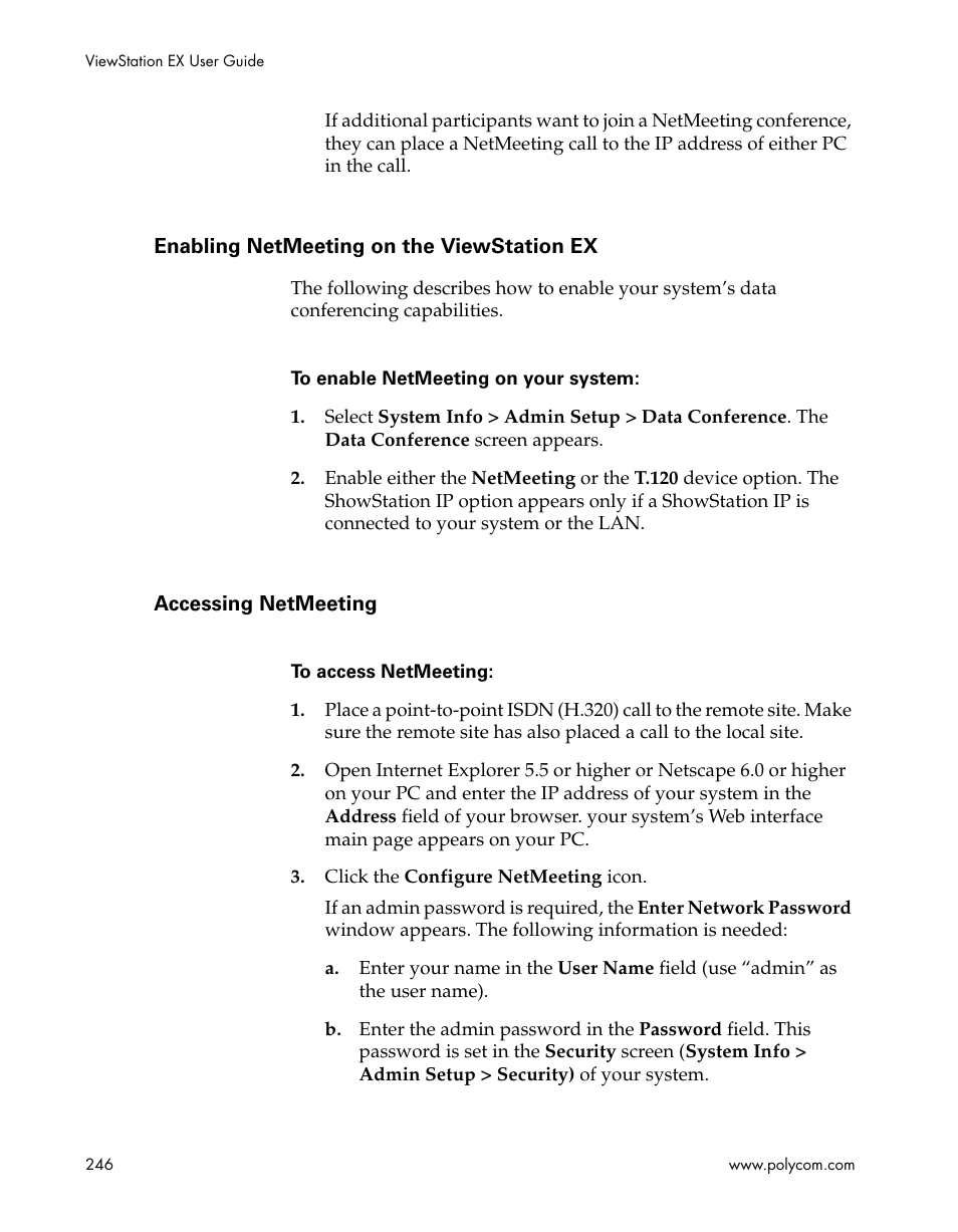 Enabling netmeeting on the viewstation ex, Accessing netmeeting | Polycom Webcam User Manual | Page 248 / 356