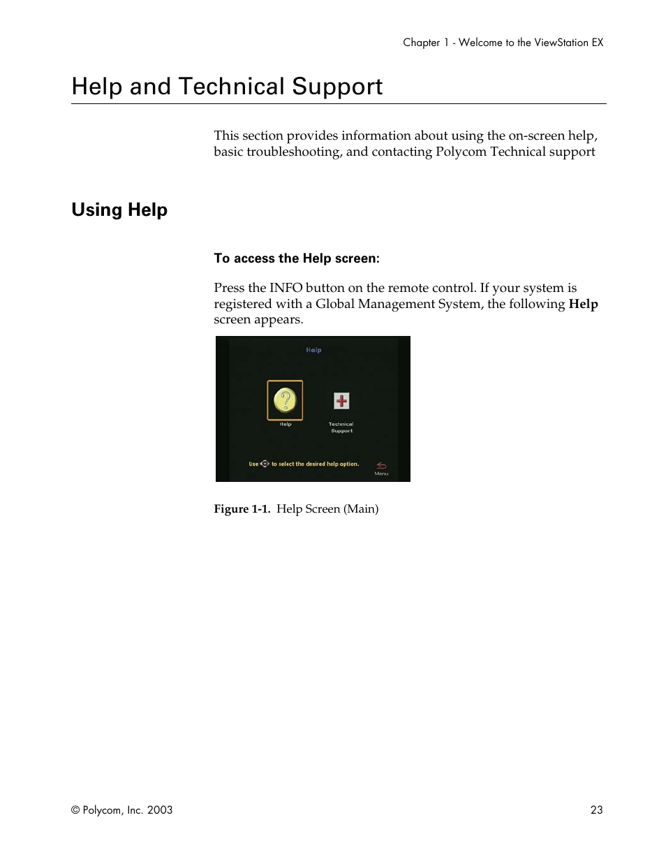 Help and technical support, Using help, Figure 1-1.help screen (main) | Polycom Webcam User Manual | Page 25 / 356