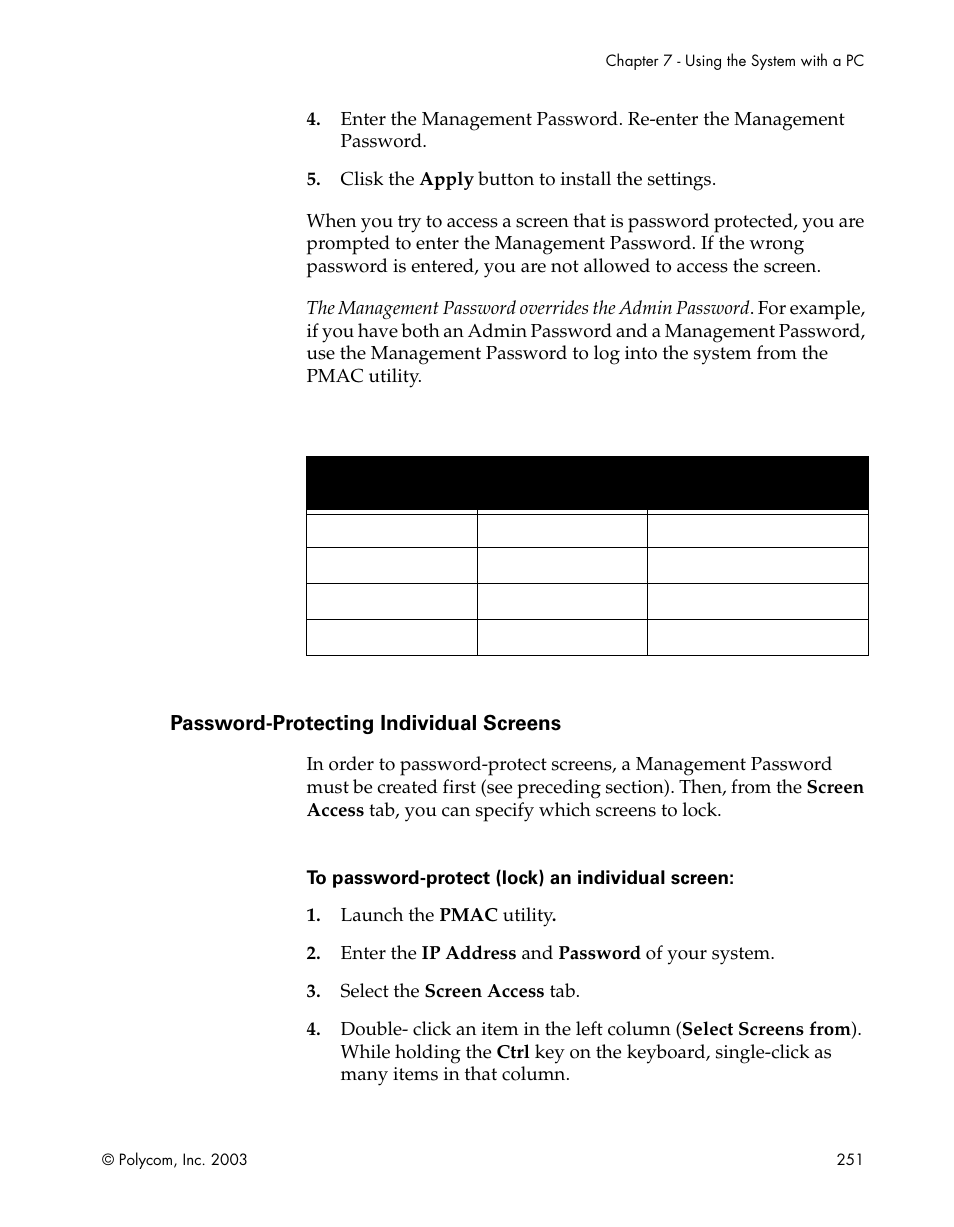 Password-protecting individual screens, Table 7-1.password usage with pmac | Polycom Webcam User Manual | Page 253 / 356