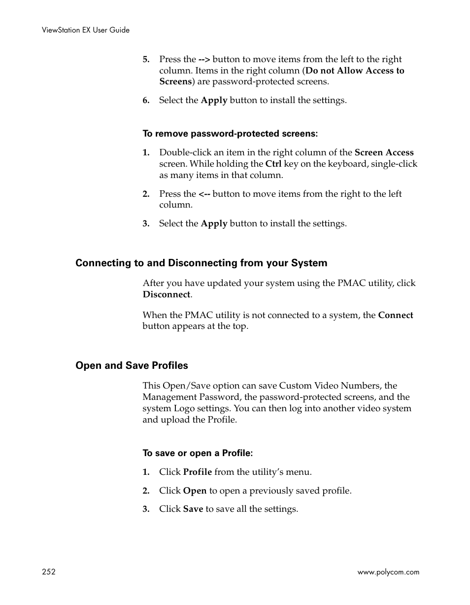 Connecting to and disconnecting from your system, Open and save profiles | Polycom Webcam User Manual | Page 254 / 356