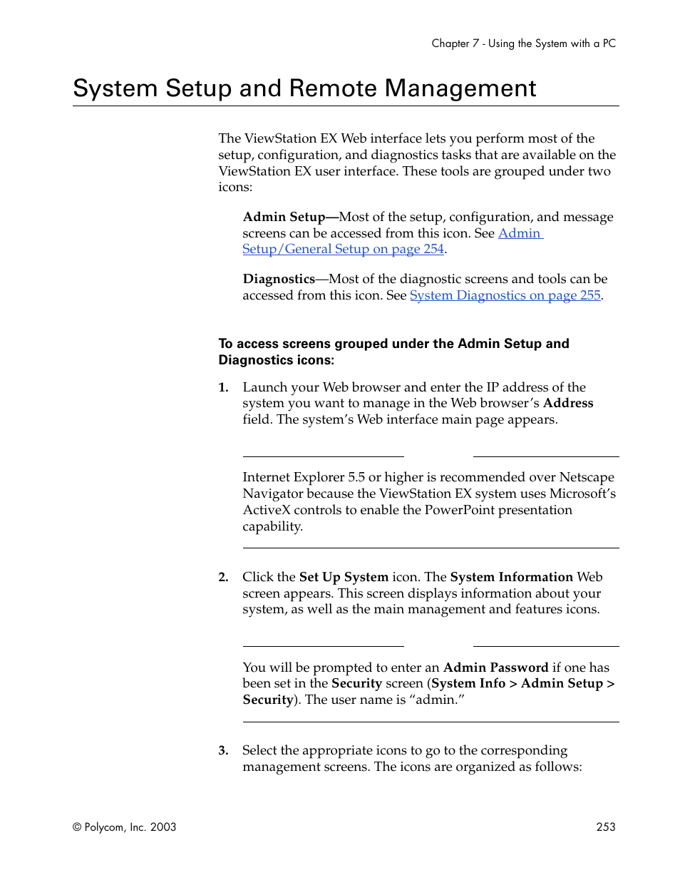 System setup and remote management | Polycom Webcam User Manual | Page 255 / 356