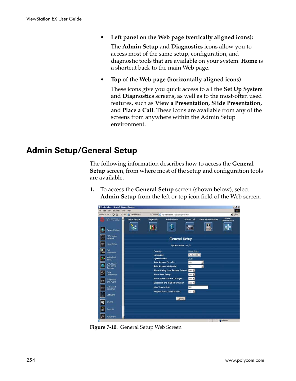 Admin setup/general setup, Figure 7-10.general setup web screen, Icon. see | Admin | Polycom Webcam User Manual | Page 256 / 356
