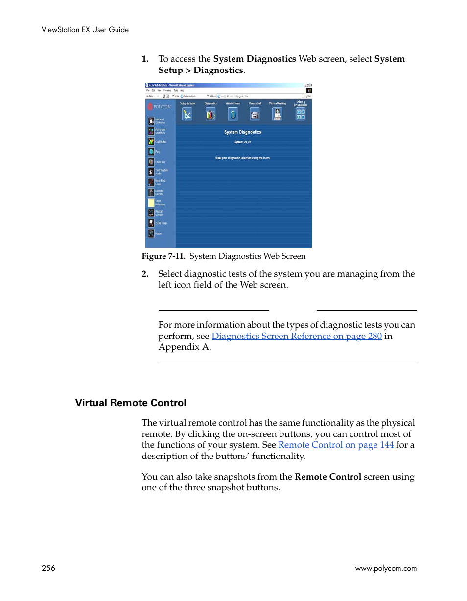 Virtual remote control, Figure 7-11.system diagnostics web screen | Polycom Webcam User Manual | Page 258 / 356