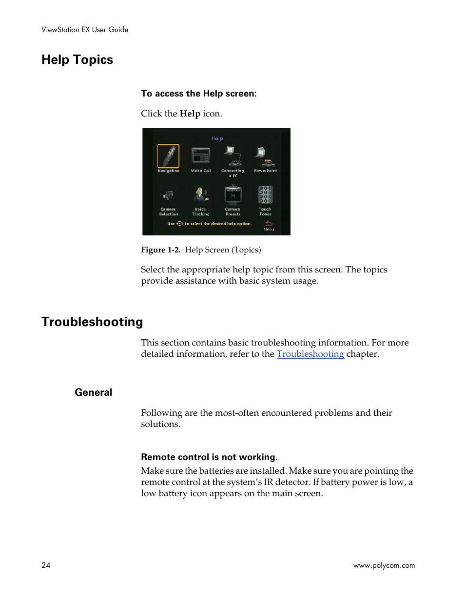 Help topics, Troubleshooting, General | Help topics troubleshooting, Figure 1-2.help screen (topics) | Polycom Webcam User Manual | Page 26 / 356