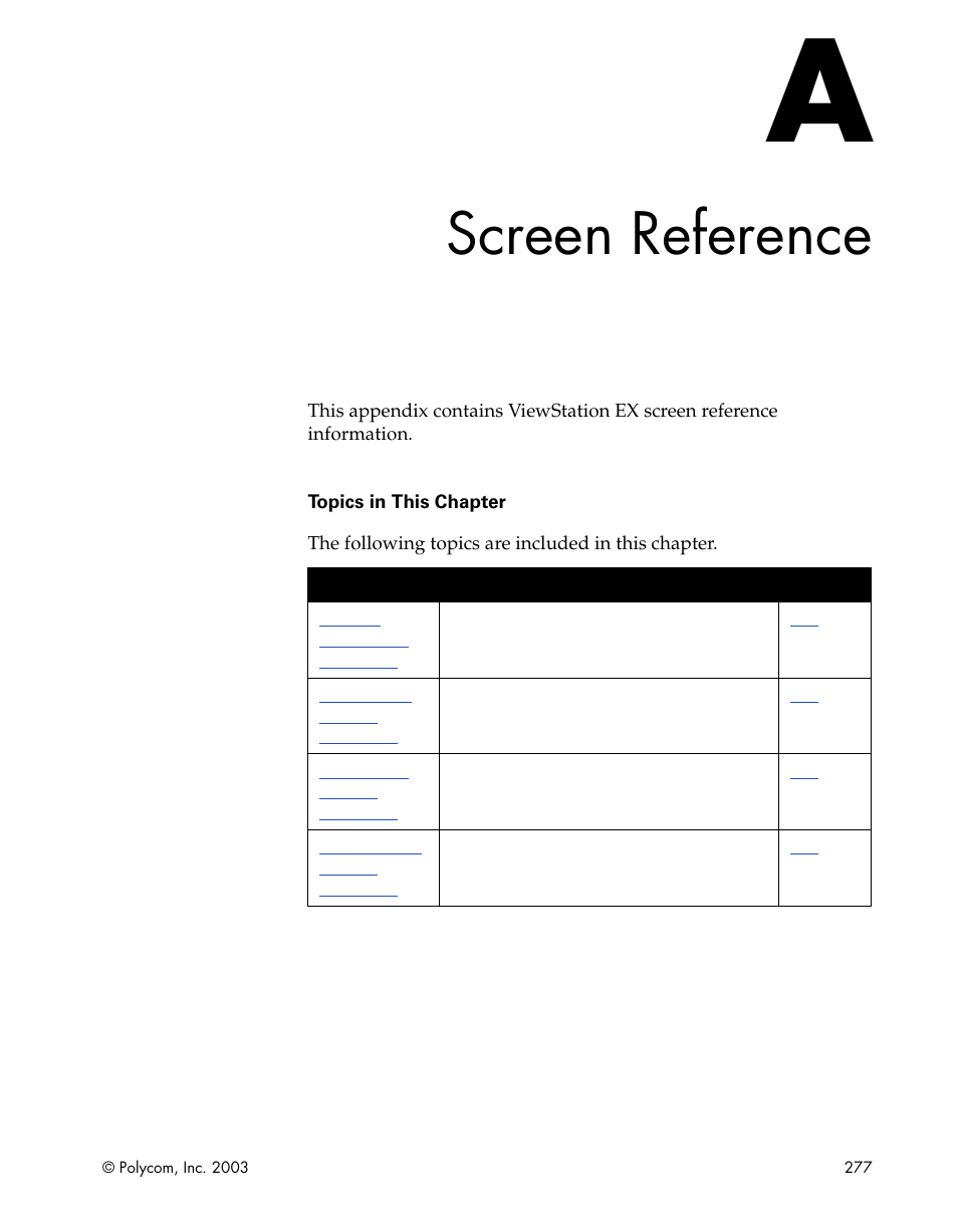 Screen reference, Appendix a - screen reference | Polycom Webcam User Manual | Page 279 / 356