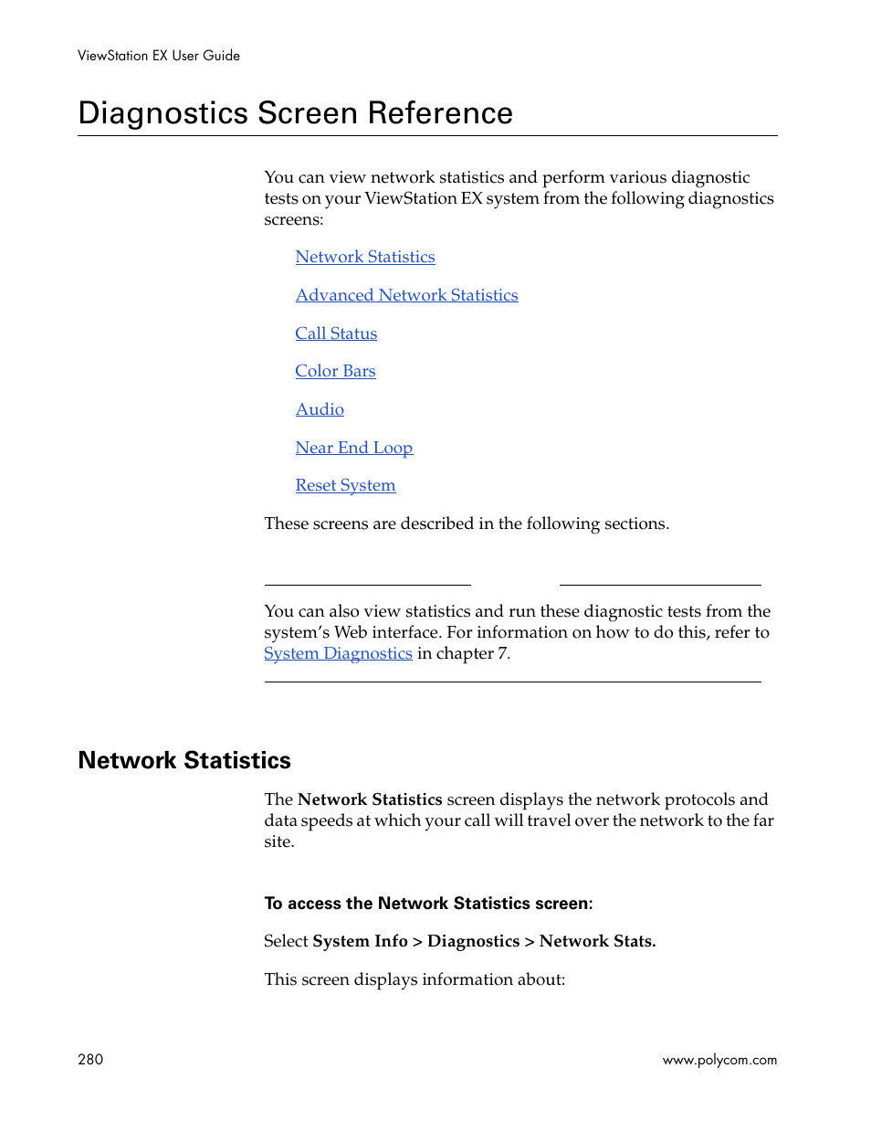 Diagnostics screen reference, Network statistics | Polycom Webcam User Manual | Page 282 / 356