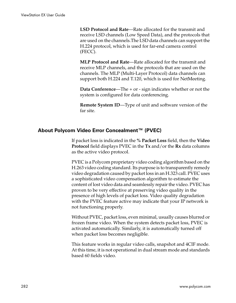 About polycom video error concealment™ (pvec) | Polycom Webcam User Manual | Page 284 / 356