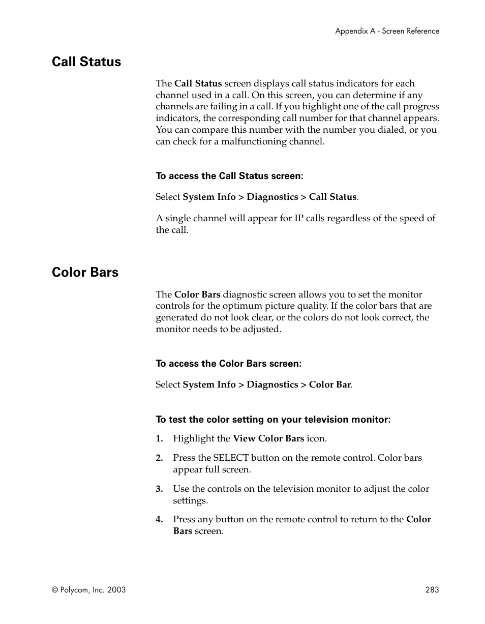 Call status, Color bars, Call status color bars | Polycom Webcam User Manual | Page 285 / 356