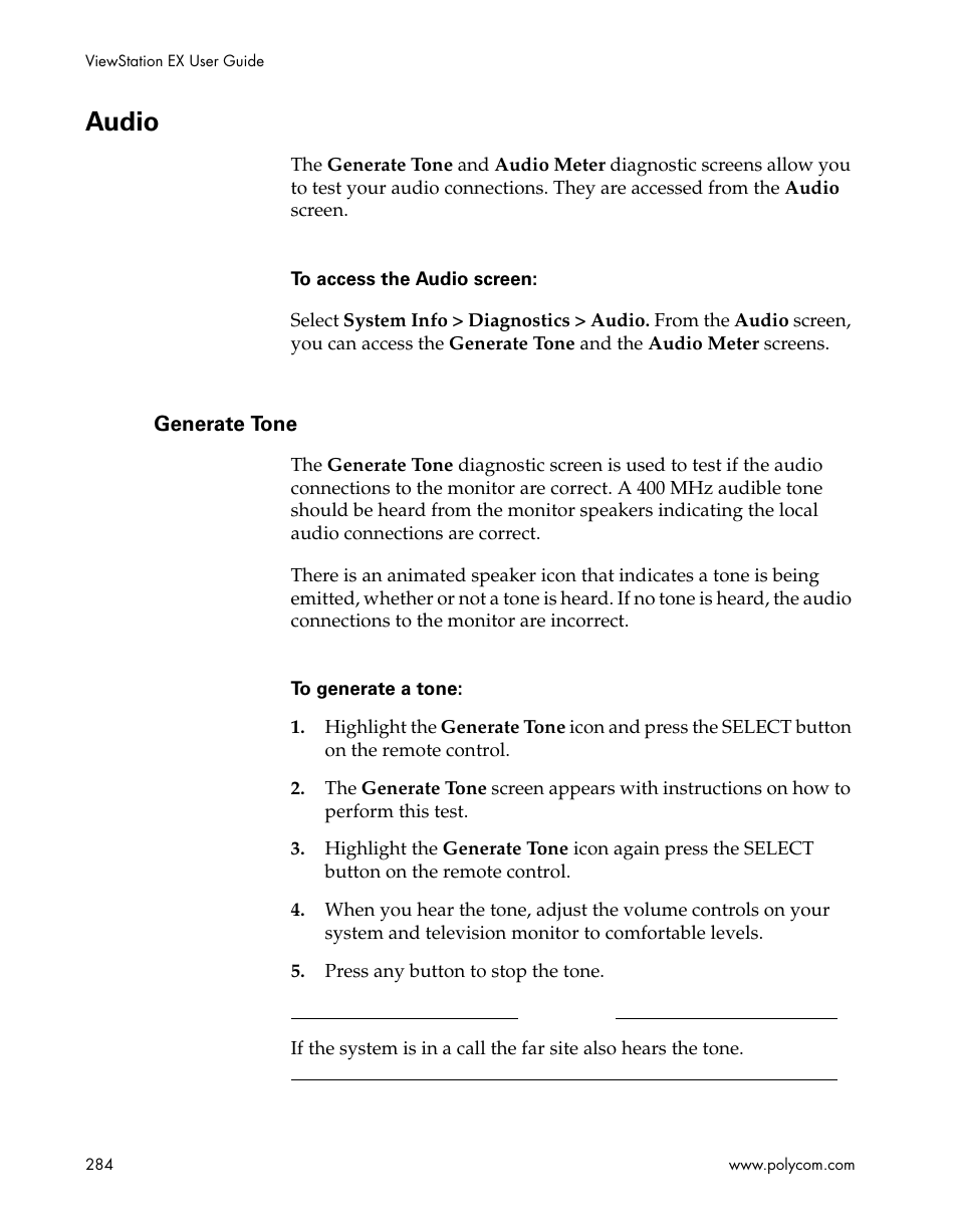 Audio, Generate tone | Polycom Webcam User Manual | Page 286 / 356