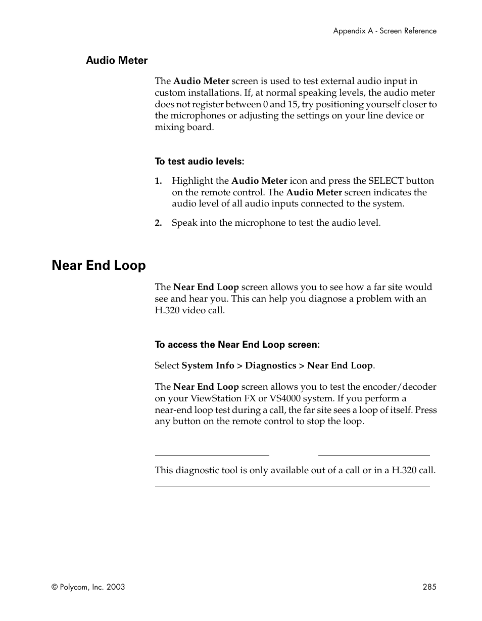 Audio meter, Near end loop | Polycom Webcam User Manual | Page 287 / 356