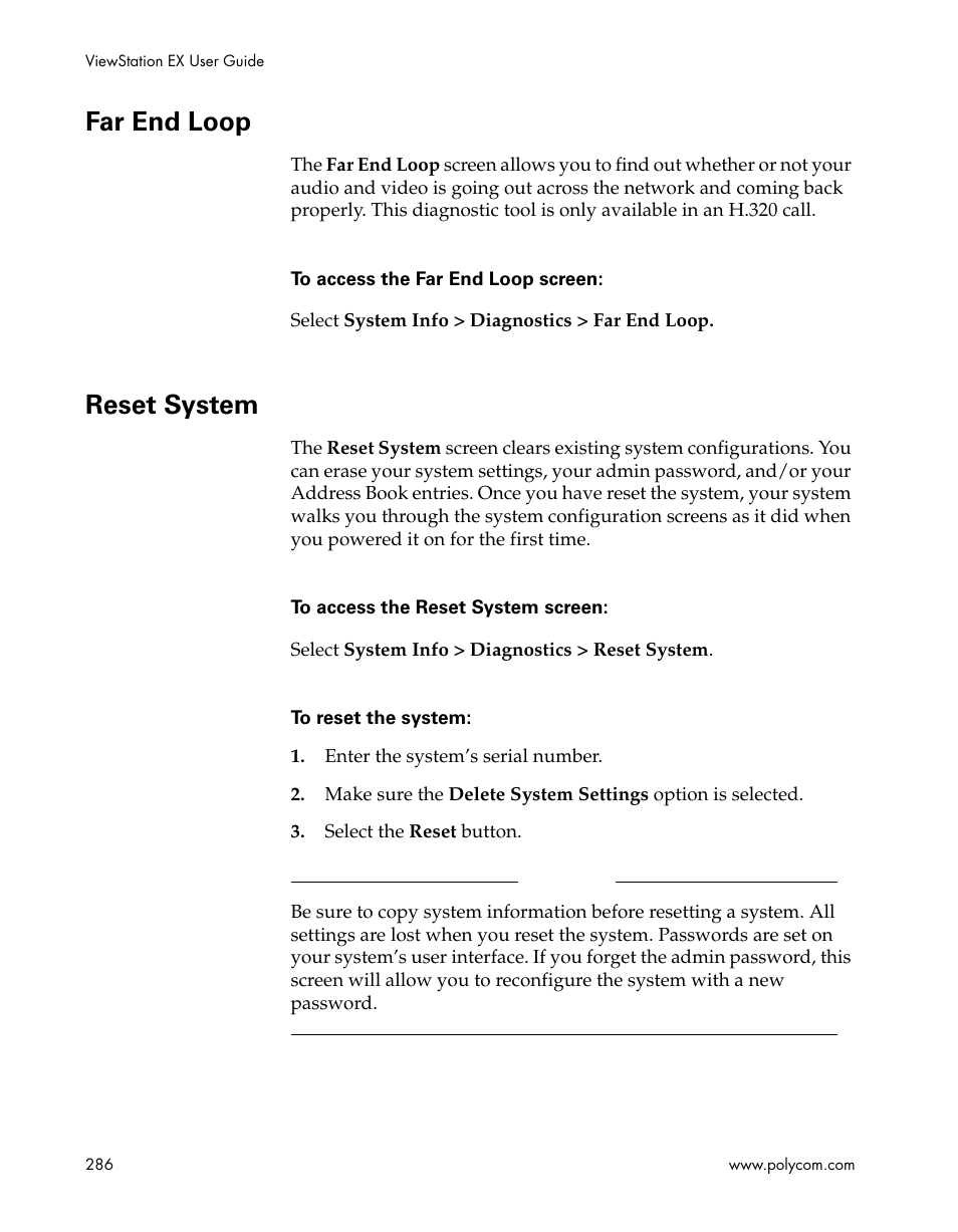 Far end loop, Reset system, Far end loop reset system | Polycom Webcam User Manual | Page 288 / 356