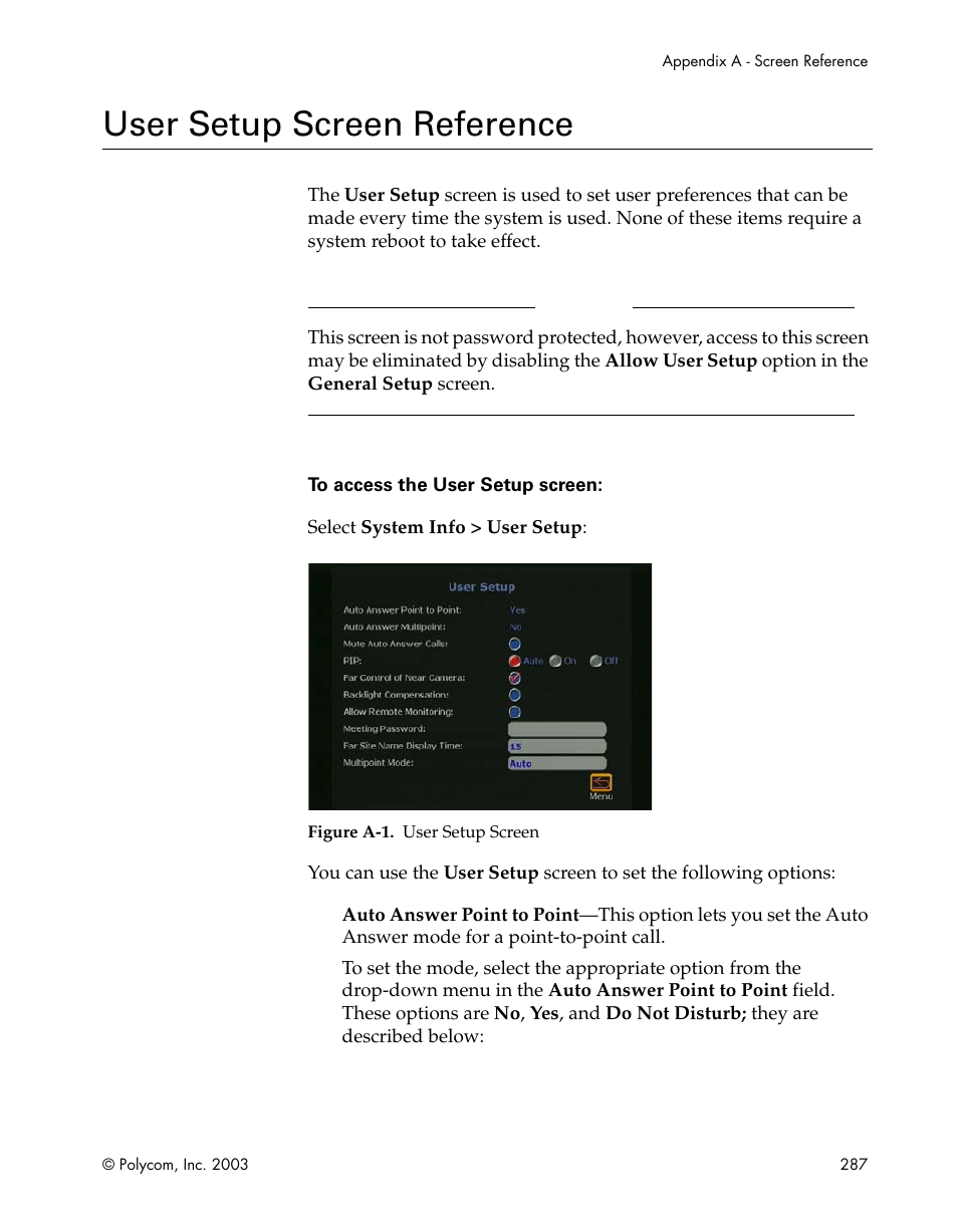 User setup screen reference, Figure a-1.user setup screen | Polycom Webcam User Manual | Page 289 / 356