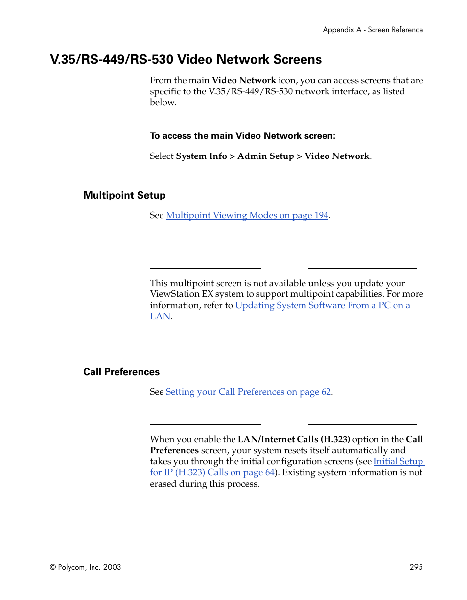 V.35/rs-449/rs-530 video network screens, Multipoint setup, Call preferences | Multipoint setup call preferences | Polycom Webcam User Manual | Page 297 / 356