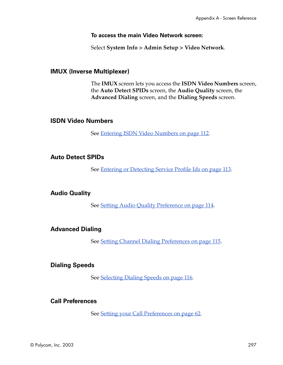 Imux (inverse multiplexer), Isdn video numbers, Auto detect spids | Audio quality, Advanced dialing, Dialing speeds, Call preferences | Polycom Webcam User Manual | Page 299 / 356