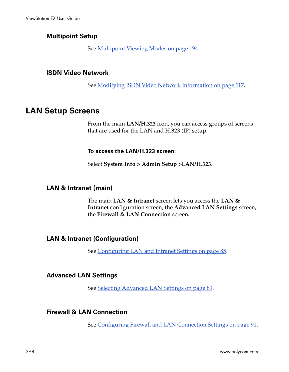 Multipoint setup, Isdn video network, Lan setup screens | Lan & intranet (main), Lan & intranet (configuration), Advanced lan settings, Firewall & lan connection, Multipoint setup isdn video network | Polycom Webcam User Manual | Page 300 / 356