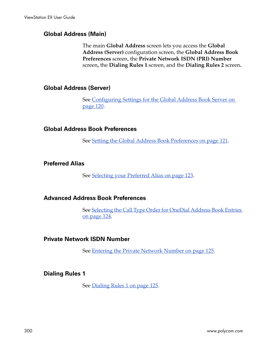 Global address (main), Global address (server), Global address book preferences | Preferred alias, Advanced address book preferences, Private network isdn number, Dialing rules 1 | Polycom Webcam User Manual | Page 302 / 356