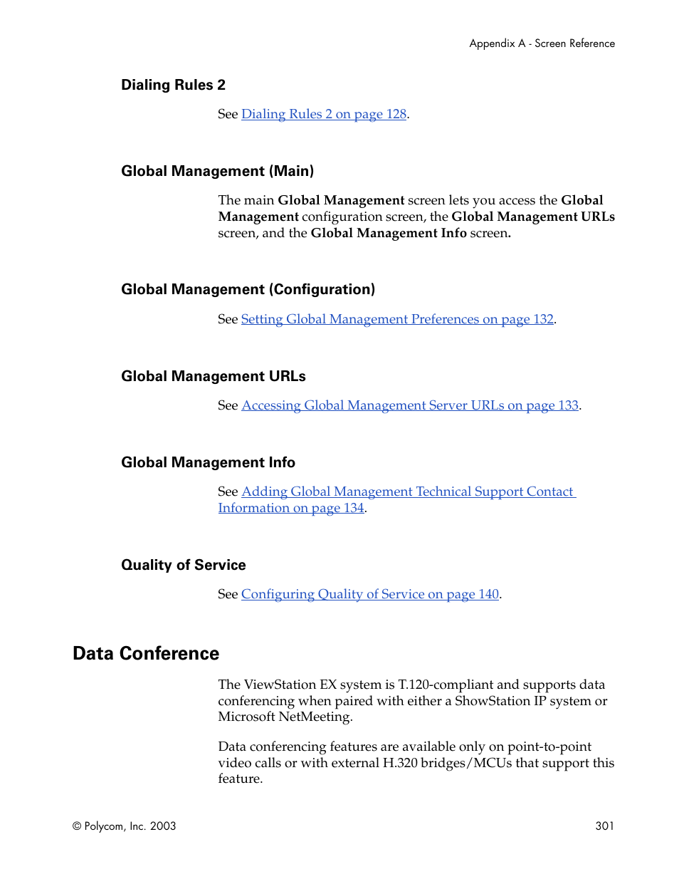 Dialing rules 2, Global management (main), Global management (configuration) | Global management urls, Global management info, Quality of service, Data conference | Polycom Webcam User Manual | Page 303 / 356