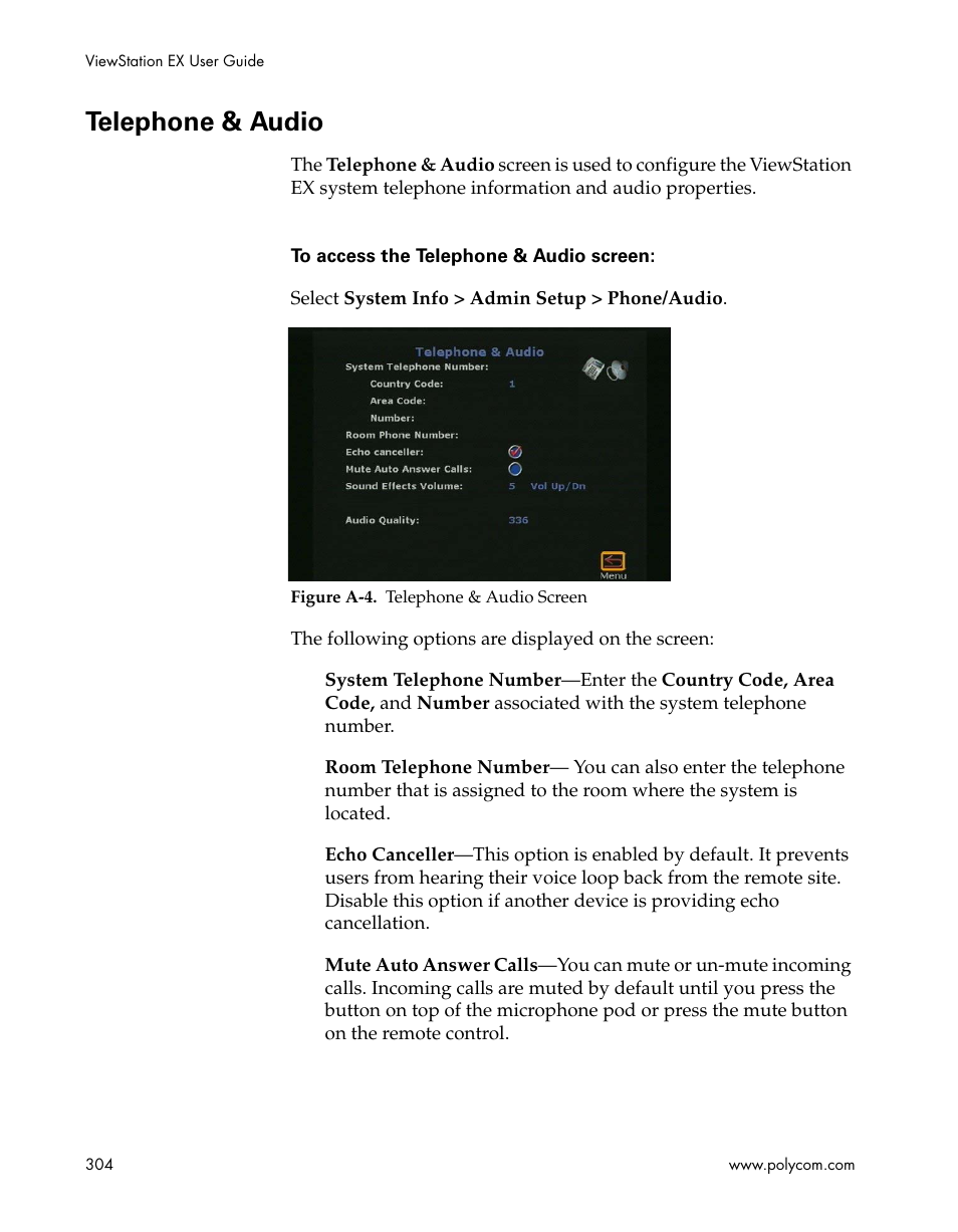 Telephone & audio, Figure a-4.telephone & audio screen | Polycom Webcam User Manual | Page 306 / 356
