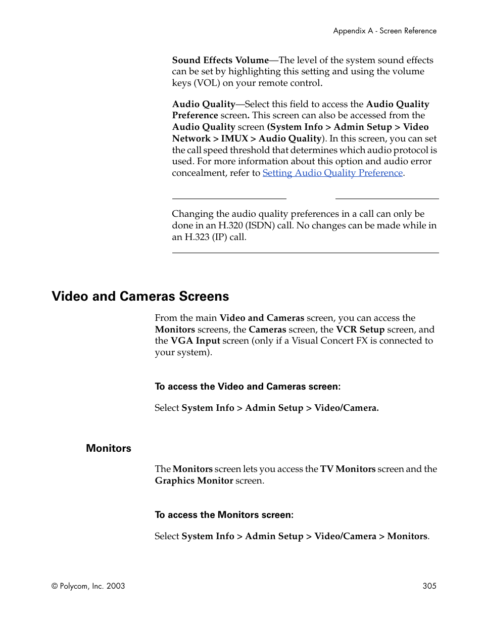 Video and cameras screens, Monitors | Polycom Webcam User Manual | Page 307 / 356