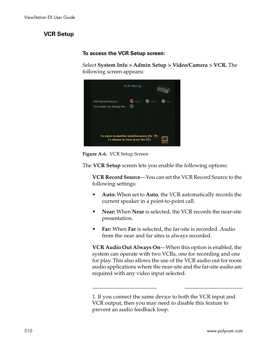 Vcr setup, Figure a-6.vcr setup screen | Polycom Webcam User Manual | Page 312 / 356