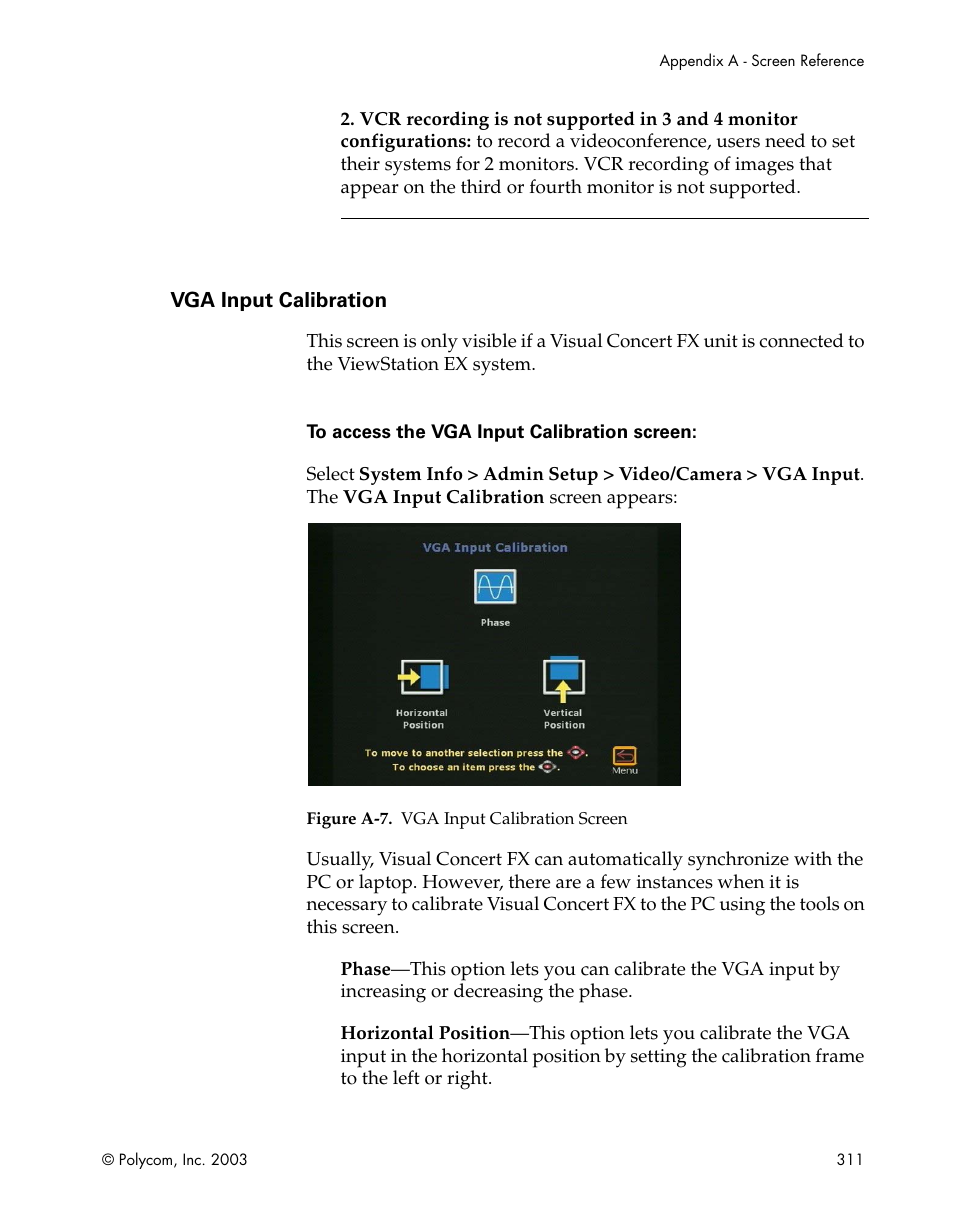 Vga input calibration, Figure a-7.vga input calibration screen | Polycom Webcam User Manual | Page 313 / 356